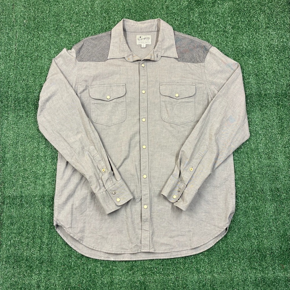 Vintage Lucky Brand Pearl Snap Western Shirt Grey Saturday Stretch Mens Large